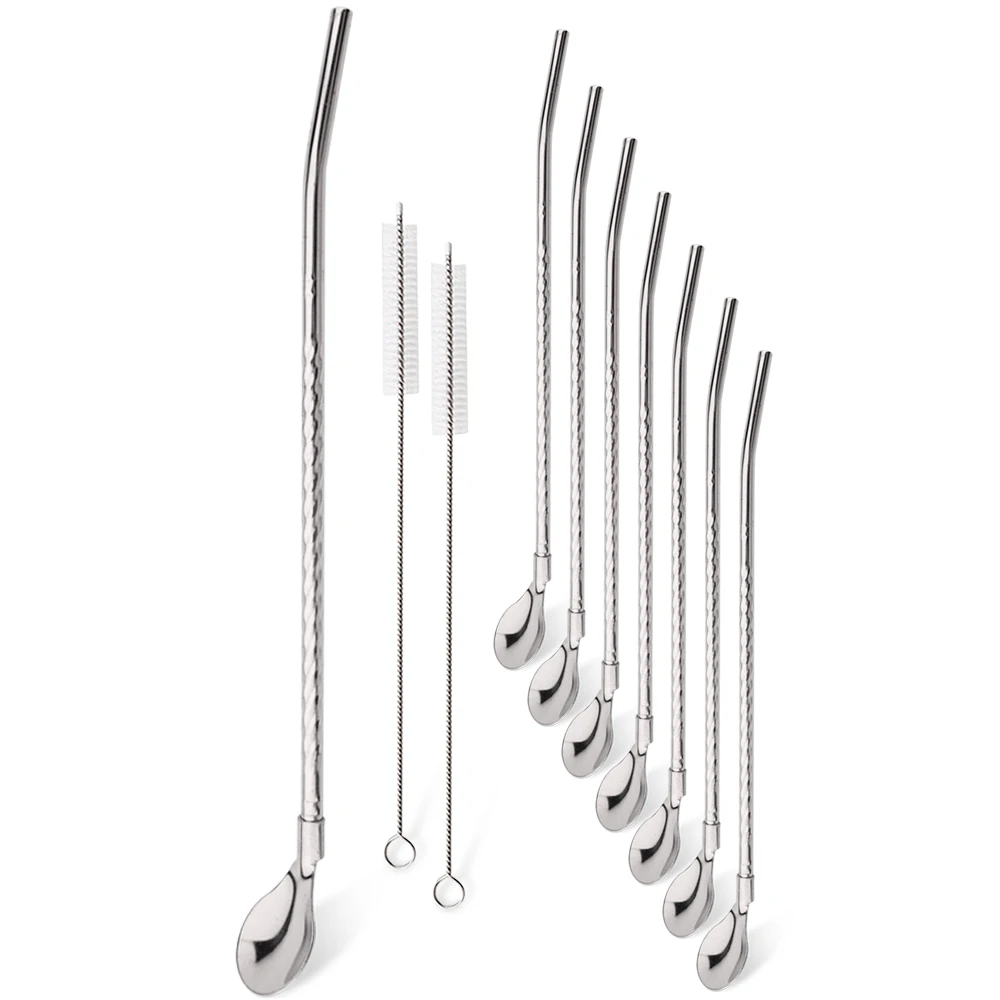 8Pcs Stainless Steel Long Metal Drinking Straw Spoon with 2Pcs Cleaning Brush Tea Coffee Bar Kitchen Party Drink Accessories