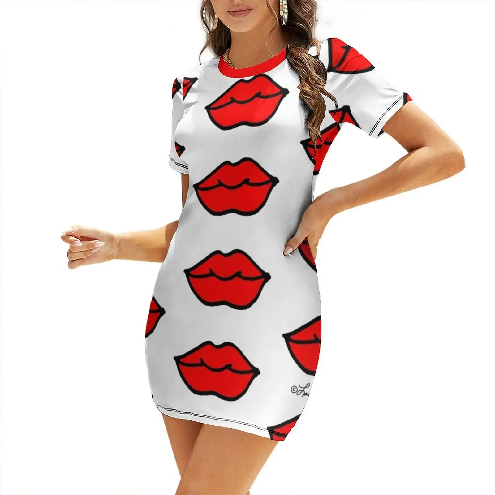

Lips! Short-Sleeved Dress summer dress korean women beach dress Female Long