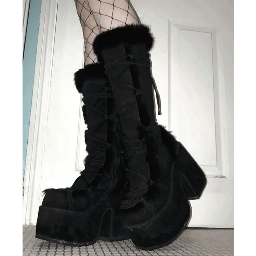 Big Size 46 Winter y2k Pink Knee High Boots Women White Chunky Platform Boots Gothic Black Faux Fur Block High Heels Boots Shoe