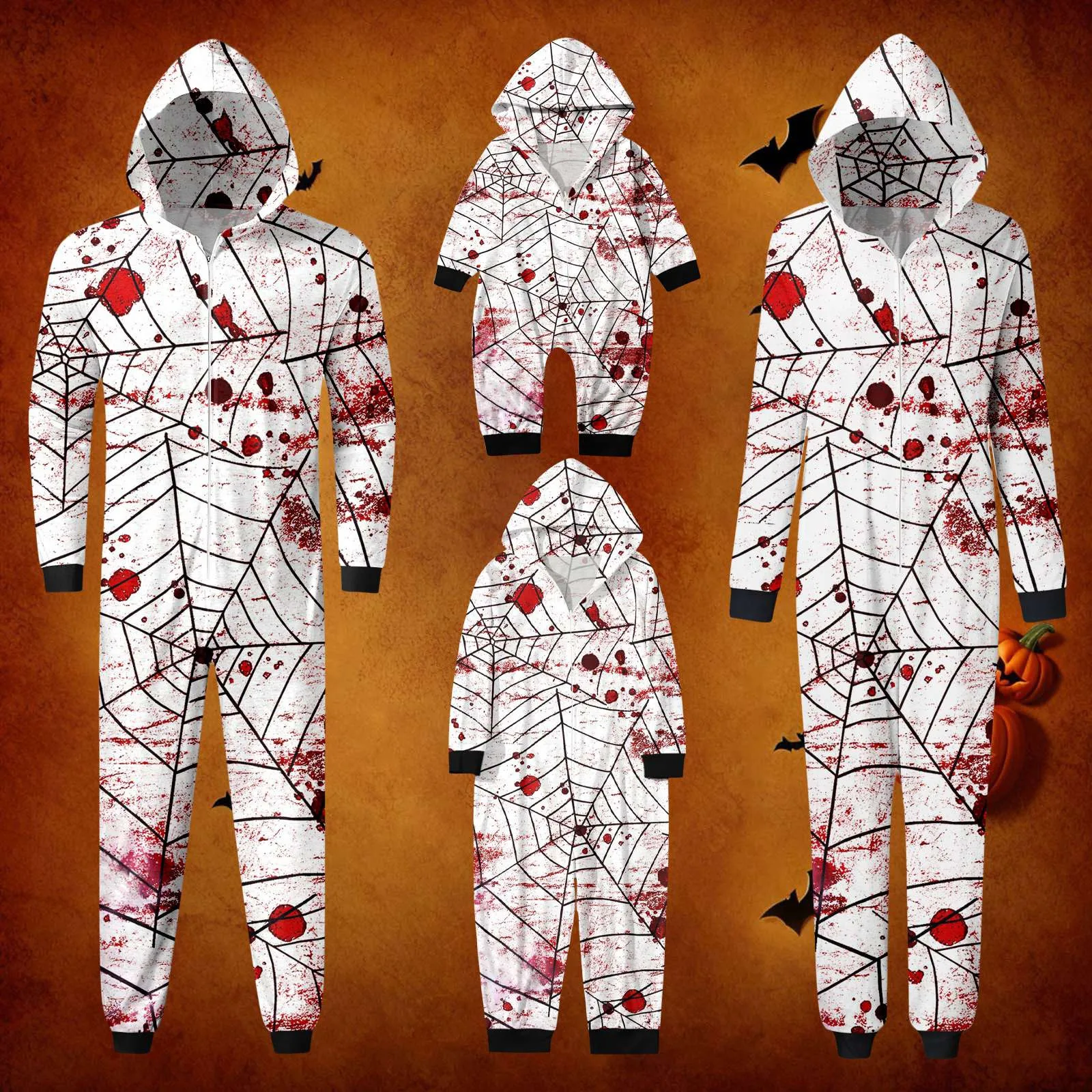 Family Matching Outfits Cosplay Clothes For Party Halloween Pajamas Zip Up Jumpsuit Spider Web Printing Pajamas Adult Kids Cos