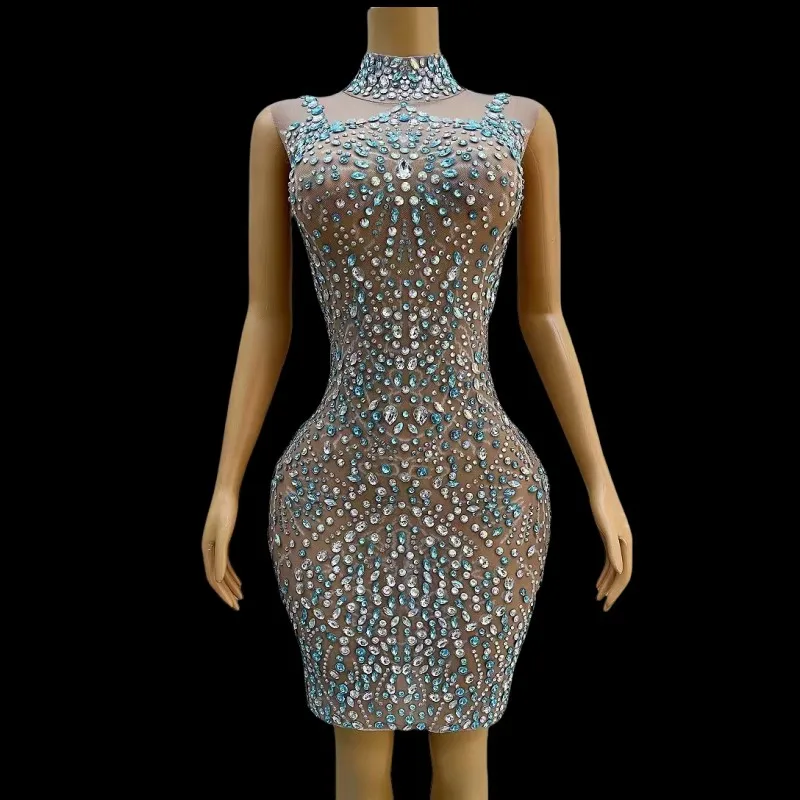 

Club Party Rhinestones Short Dress Women Singer Bar Stage Performance Evening Crystal Tight Mesh Mini Dress Show Dance Costume