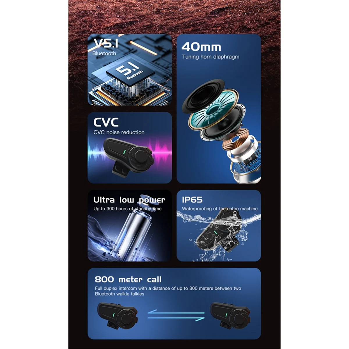 

【Горячие продажи!】Мотоциклетный шлем Bluetooth-гарнитура BT5.1 800M Водонепроницаемая IP65 Полнодуплексный разговорный телефон громкой связи