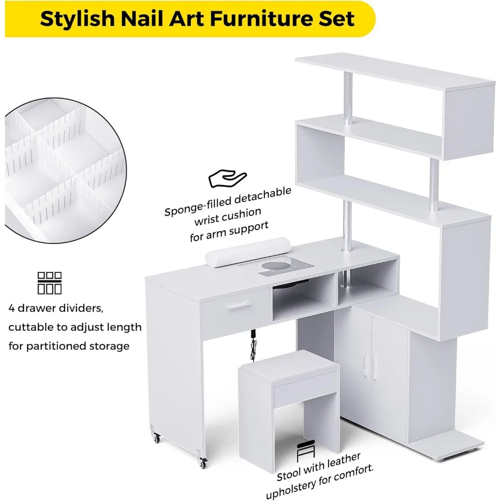 L-Shaped Nail Tech Desk with Stool, Two-Way Drawer,Cabinet & Storage Shelves, Rotating Reversible Manicure Workstation on Wheels