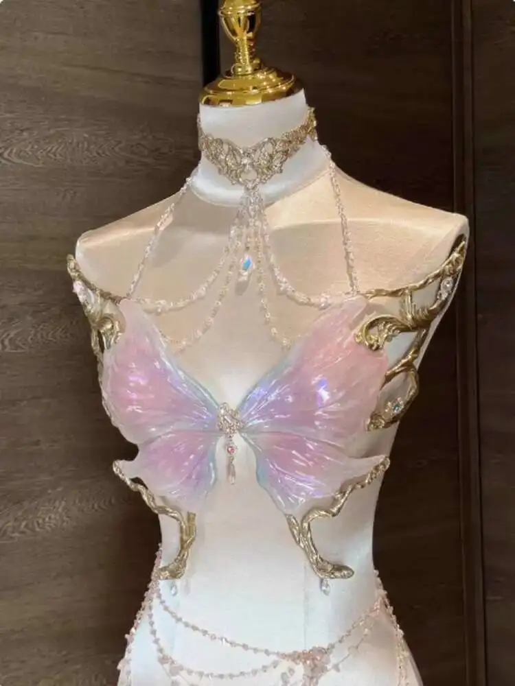 

Глянцевый топ-бюстье без бретелек с блестками и розовой бабочкой в стиле «Русалка» в стиле фэнтези, юбка с пайетками