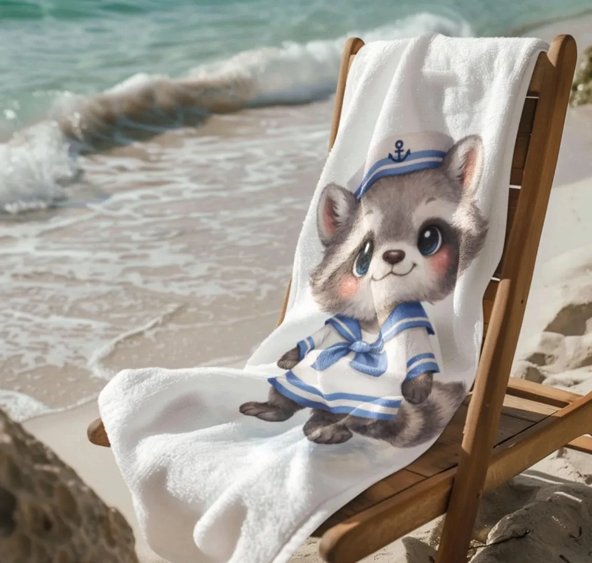 Kids Beach Towel with Cartoon Raccoon – Nautical Sailor Animal Design, Cute Ocean Theme Bath Towel & Beach Towel for Children