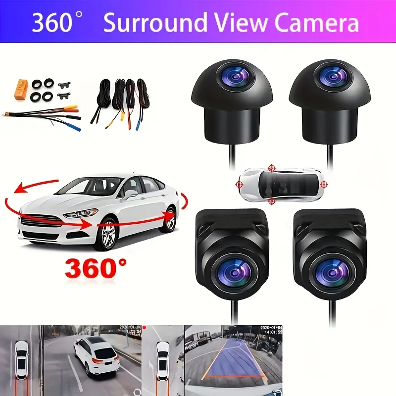 360-Degree Panoramic Car Camera System with HD Night Vision - Front, Rear, Left + Right 4-Channel Surround