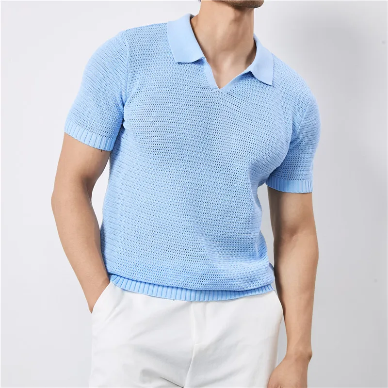 Summer Clothing Men Luxury Knitted Skinny Polo Shirt Men Korean Breathable V Neck Polo Shirts Short Sleeve Knitwear Tops Tees