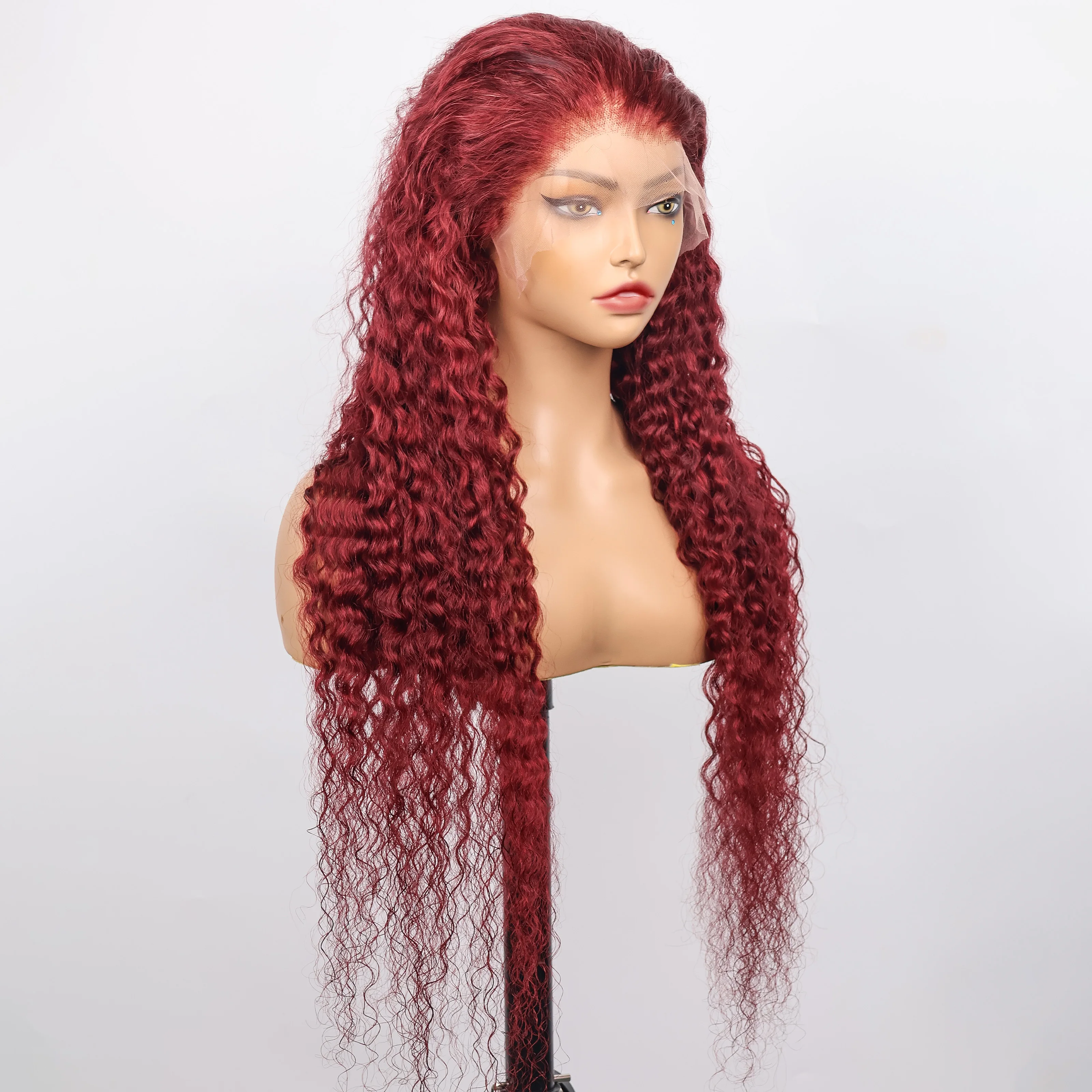 99J Burgundy Deep Wave 13x6 Transparent Lace Frontal Wig 200 Density Red Colored Water Wave Curly Human Hair Wigs Pre Plucked