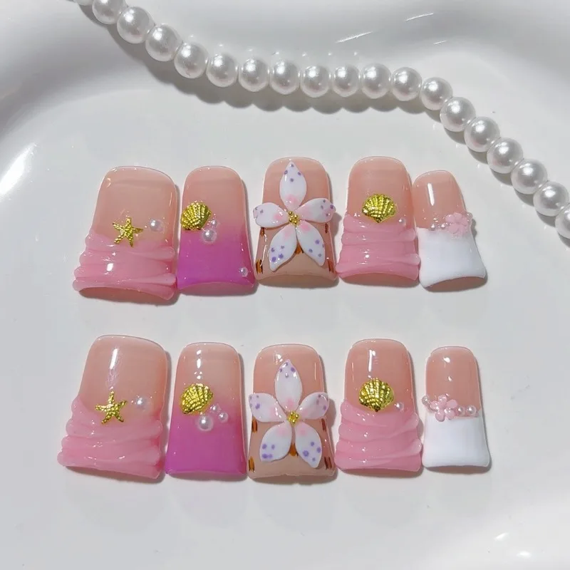 

10Pcs Handmade Duckbill Shaped Pink Gradient Press on Nails With 3D Floral And golden shell Acrylic French nail Tips For Women