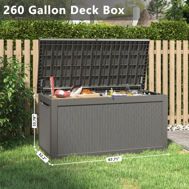 260 Gallon Resin Deck Box, Large Indoor and Outdoor Storage Box, Weatherproof and UV Resistant Outdoor Storage Box with Built-in