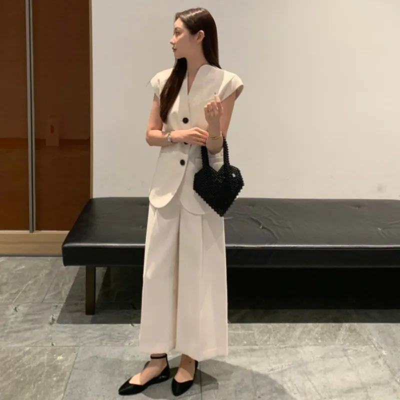 Spring Summer New 2024 Woman Sets V-neck Single Breasted Chaqueta Mujer + High Waist Wide Leg Pantalones Korean Chic Suit