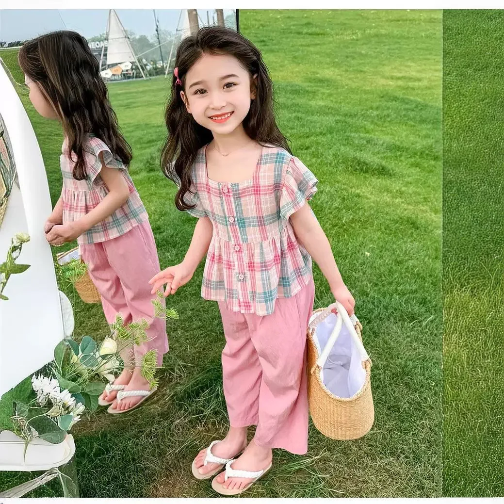 New Summer Girls Clothing Set Fashion plaid short sleeved shirt + Casual Pants 2Pcs Outfit For Kids Children Birthday Present