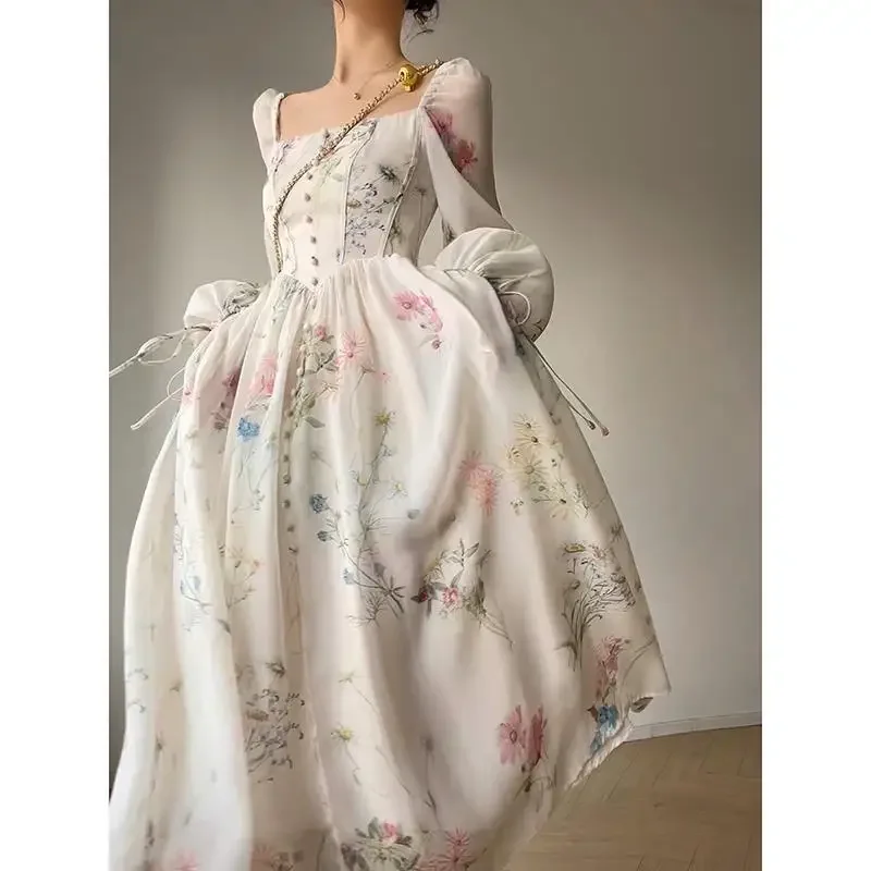 

French Elegant Floral Midi Dress Chiffon Long Sleeve Evening Party Dress Woman Beach Fairy One Piece Dress Korean 2025 Summer