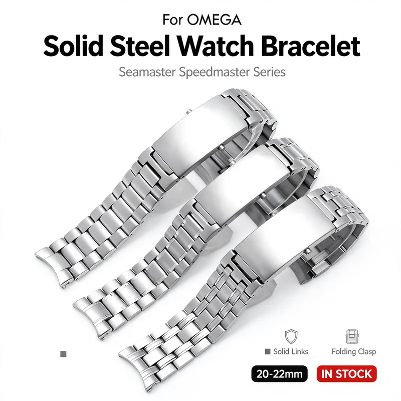 Curved End Solid Steel Bracelet for Omega Seamaster 300 Speedmaster Planet Ocean 20mm 22mm Folding Clasp Replacement Watch Band