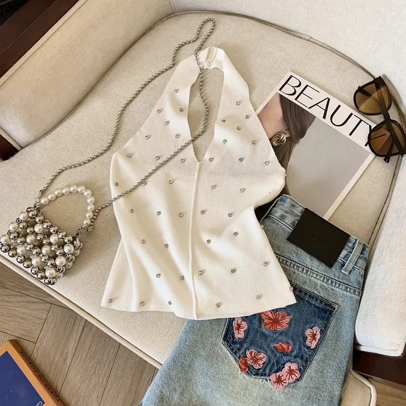 

Pure Desire High Quality Knitted Backless Top for Women with Diamond Embellishment Short V-Neck Sleeveless Cotton Blend