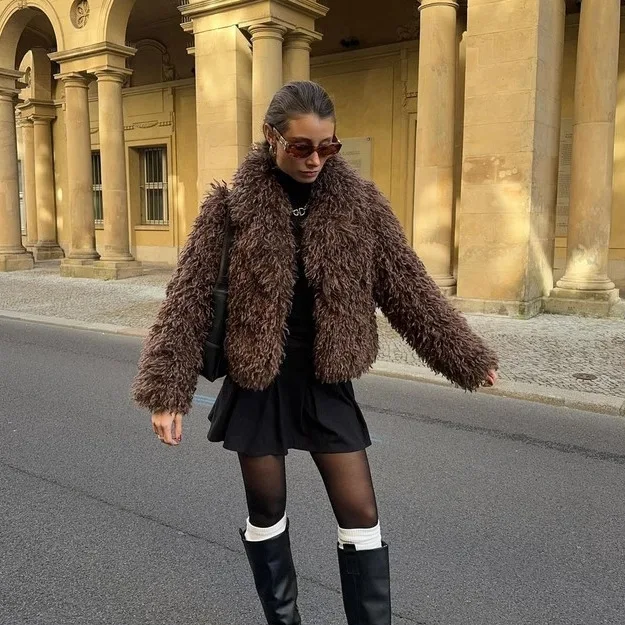 Vintage Fashion Winter Women's Faux Fur Coat Brown Curly Hair Female Mink Fur Coat Slouchy-style Artificial Fur Jacket For Lady