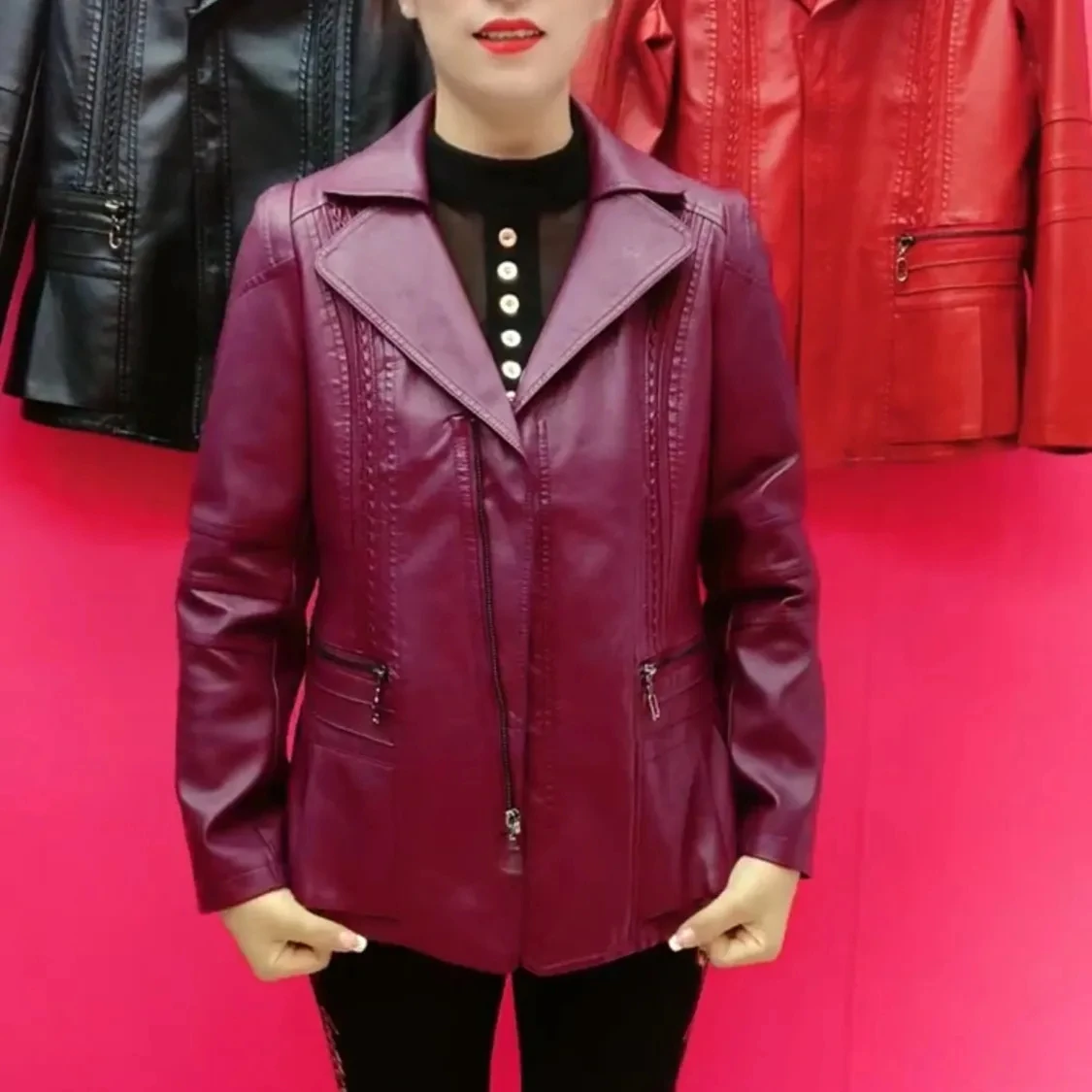 Women Leather Jacket 6XL Large Size Casual Short Zipper Locomotive Faux PU Leather Coat Middle-aged Elderly Windbreaker 6XL 7XL