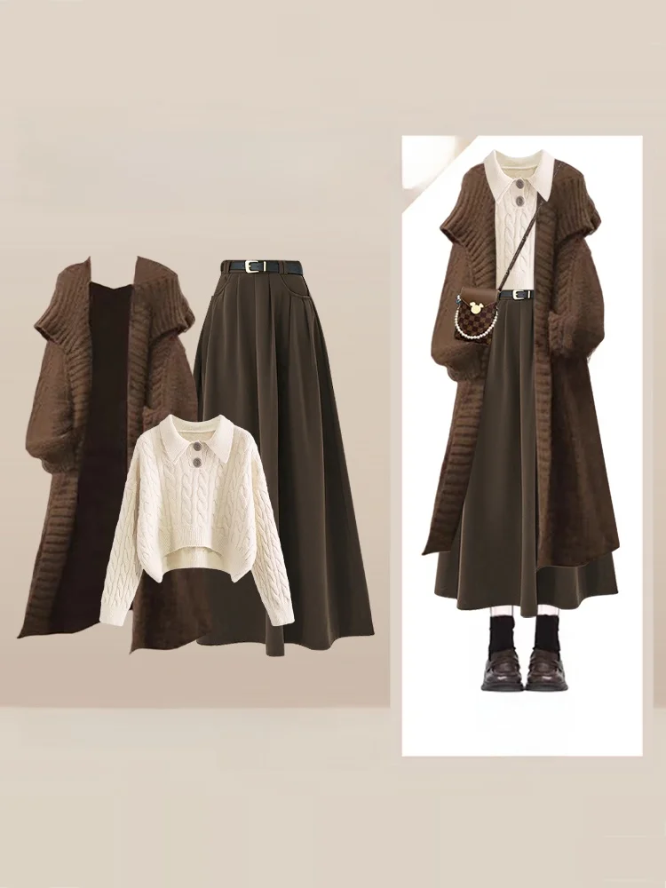 

Korean Retro Knitted Cardigan Coat Sweater f Skirt Tee-piece Set Women's Winter High-end Light Maturi Ensemble