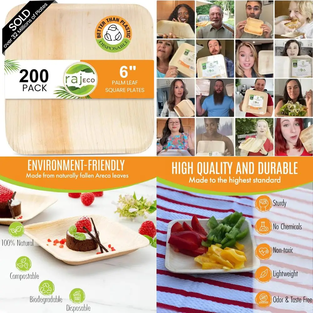 

Disposable Compostable Square Plates, 200-Pack, Strong and Decorative, Ideal for Weddings and Events
