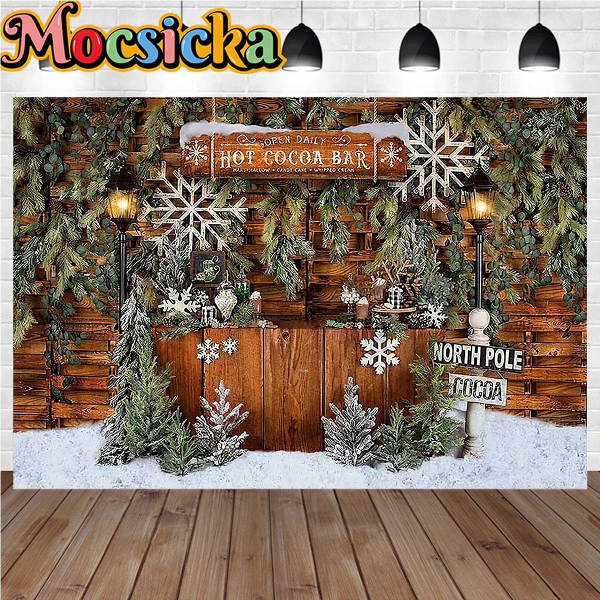 

Winter Hot Cocoa Bar Background Christmas Snowflakes Wonderland Pine Forest Decor Wooden Backdrop Family Portrait Photo Studio