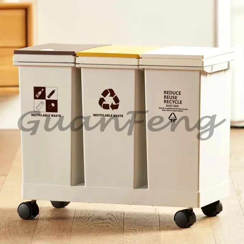 2060L Large Kitchen Recycling Trash Can, Dry Wet Separation Sorting Bin, Push Style Waste Container with Casters