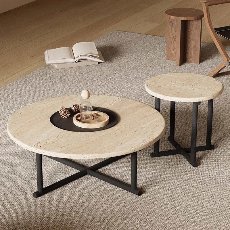 โต๊ะกาแฟหินอ่อนธรรมชาติ ห้องนั่งเล่น บ้านพักอาศัย อพาร์ทเมนต์ขนาดเล็ก ปี 2024 ใหม่ โฮมสเตย์ สไตล์เรโทร โต๊ะกลมไม้จริง