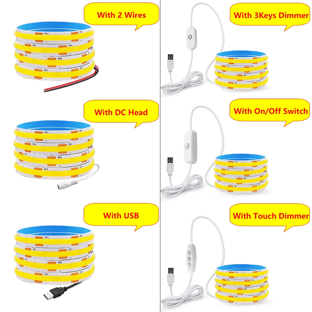 Nowa taśma LED USB 5V COB z przełącznikiem Czujnik dotykowy Ściemnialna lampa 320LED Oświetlenie liniowe o dużej gęstości Elastyczna taśma LED