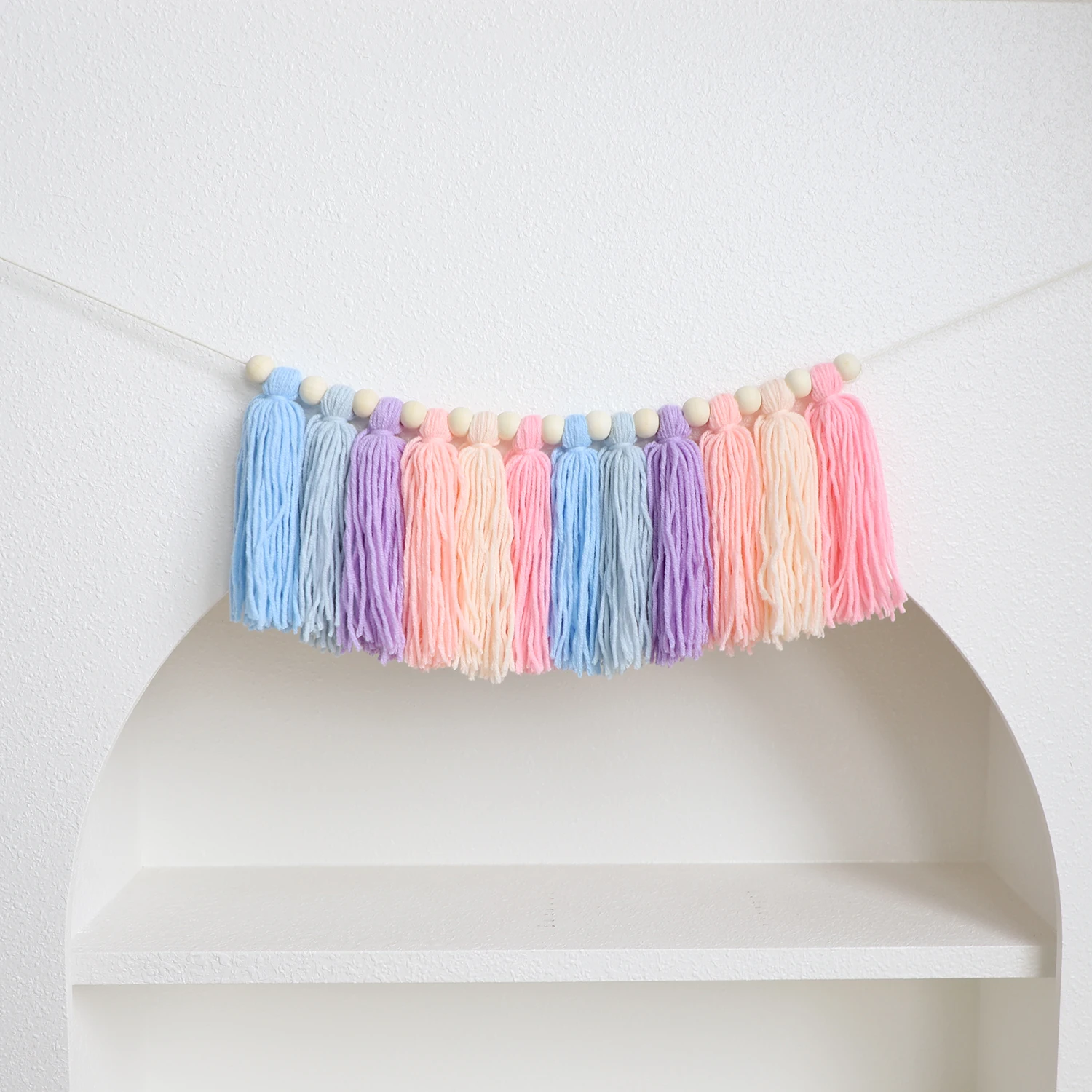 1pc Boho Colorful Rainbow Tassel Garland Handmade Wooden Bead Banner Home Festival Party Decoration Wall Hanging Banner