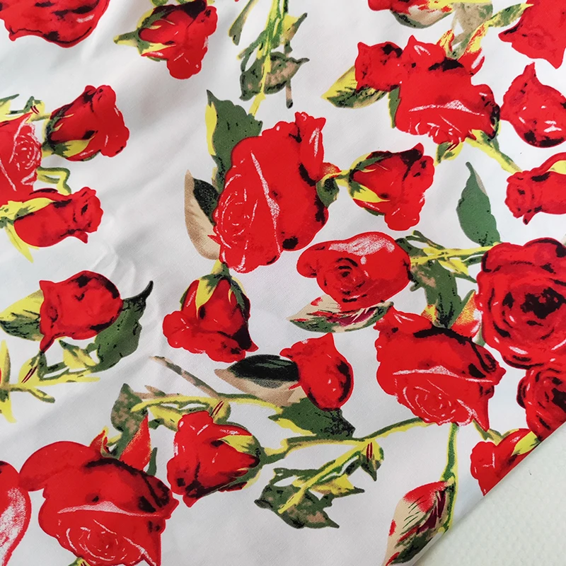 Good,130cm Wide,Vintage Clothing Dress Fabric,Leaves Rose Flower Printed,Slightly Elastic,Sewing Material,100% Cotton Fabric