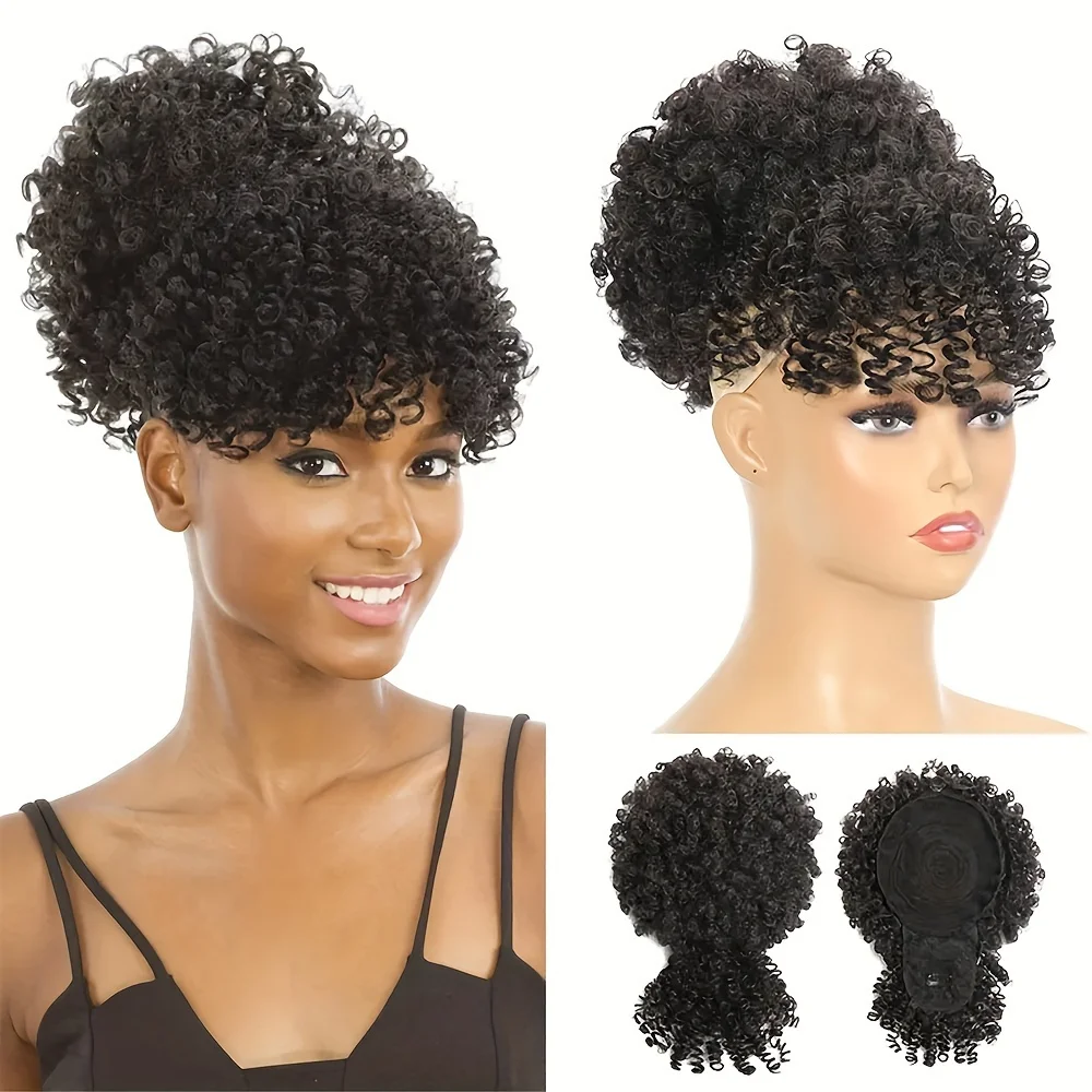 Postiches Afro Korte Kinky Krullend Bladerdeeg Haarknot Chignon Met Pony Synthetische Pruiken Ananas Updo Trekkoord Paardenstaart Extensions