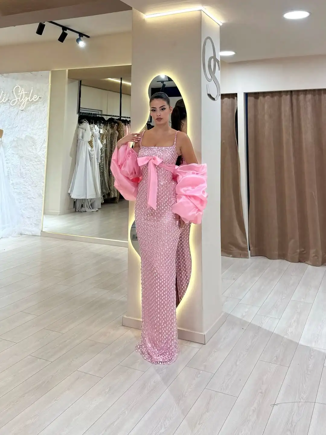 تصميم جديد السباغيتي الأشرطة الديكور كريستال مساء اللباس القوس الكبير فستان حورية البحر مع شال الوردي فستان الأميرة مثير #2