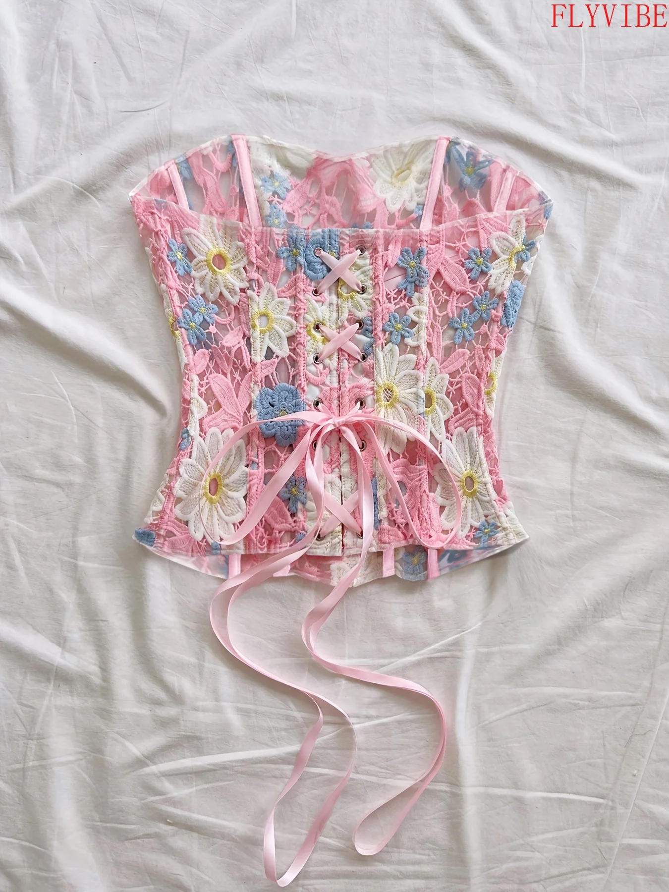Women Summer Floral Strapless Tube Top Fishbone Corset Vest Hollow Backless Back Tie Slim Cropped Bustier Elegant Outfit For Wedding Party Date Birthday Beach Vacation