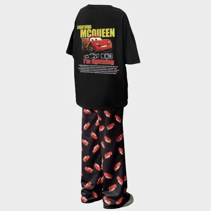 

2026 Hot Halloween Autumn/Winter The Cars Lightning Mcqueen&Sally T-Shirt With Pajama Pants Oversized Suit Adult/Kids Clothes