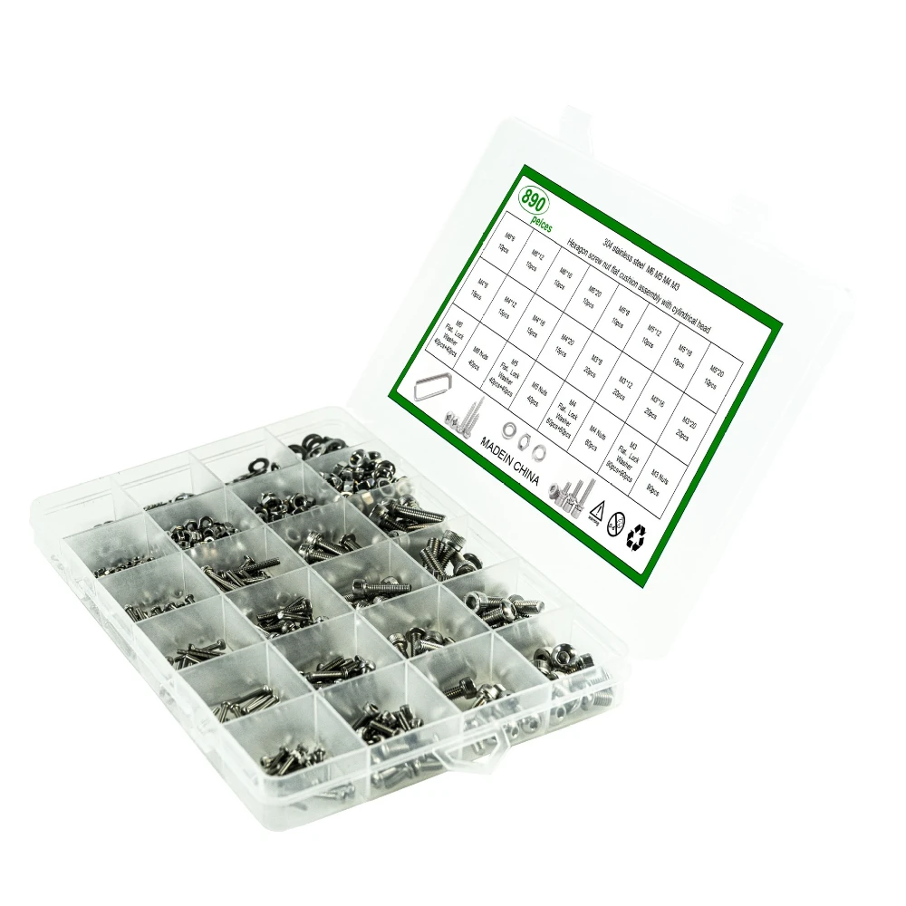 890Pc screw set ,304 stainless steel hexagon Hex Socket cap round Head Screw washer Nut Kit M3 M4 M5 M6 DIN912 for fpv drones