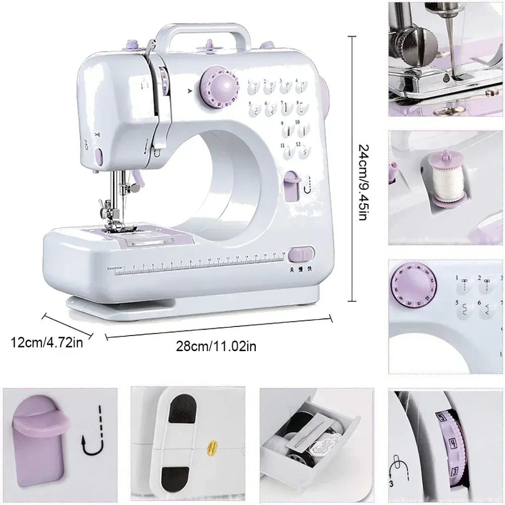 Sewing Machine Mini Electric Portable for Beginners Household Crafting Mending Overlock with 12 Stitches Presser Foot Pedal