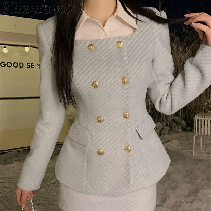 Kimutomo Small Fragrance Two Piece Sets Womens Outfits Solid Color Double Breasted Wool Coat High Waist A Line Hip Mini Skirt