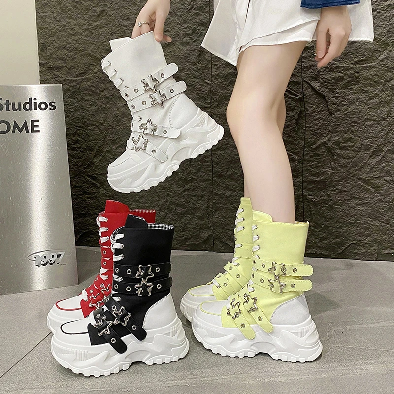 White Trendy Boots Women High Top Sneakers Platform Zip Ankle Boots Femme Chaussures Femmes Height Increase Outdoor Sports Shoes