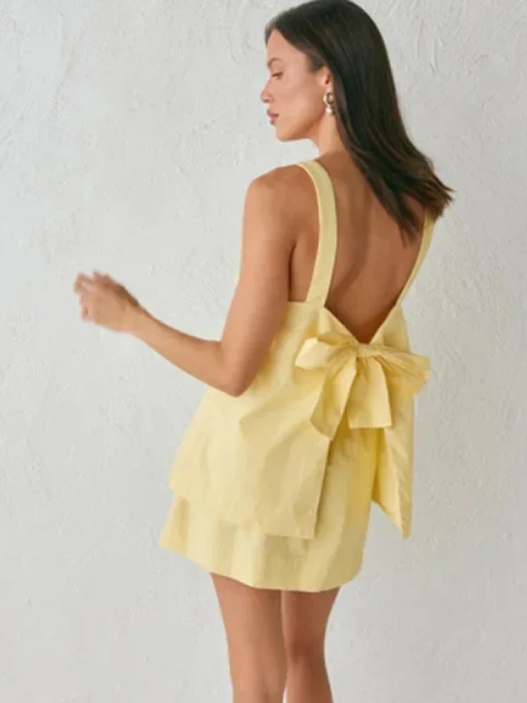 

Fashion Women's Bowknot Vest Skirts Suit Sleeveless Backless Solid Lady Sets 2025 Summer Elegant Set Women 2 Pieces