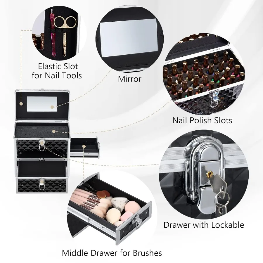 กระเป๋าใส่เครื่องสำอางสำหรับทำเล็บพร้อมลิ้นชักและตัวแบ่งช่องสำหรับจัดเก็บอุปกรณ์ทำเล็บ: กระเป๋าเครื่องสำอางขนาดกะทัดรัดพร้อมกระจกและกุญแจล็อค