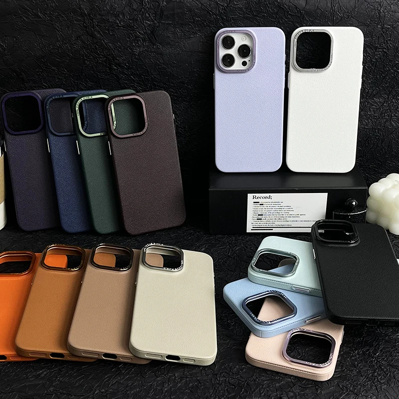 Matte Titanium gray Lichee leather pattern phone case for iPhone 16 15 14 13 12 11 Pro Max metal lens frame shockproof hard case