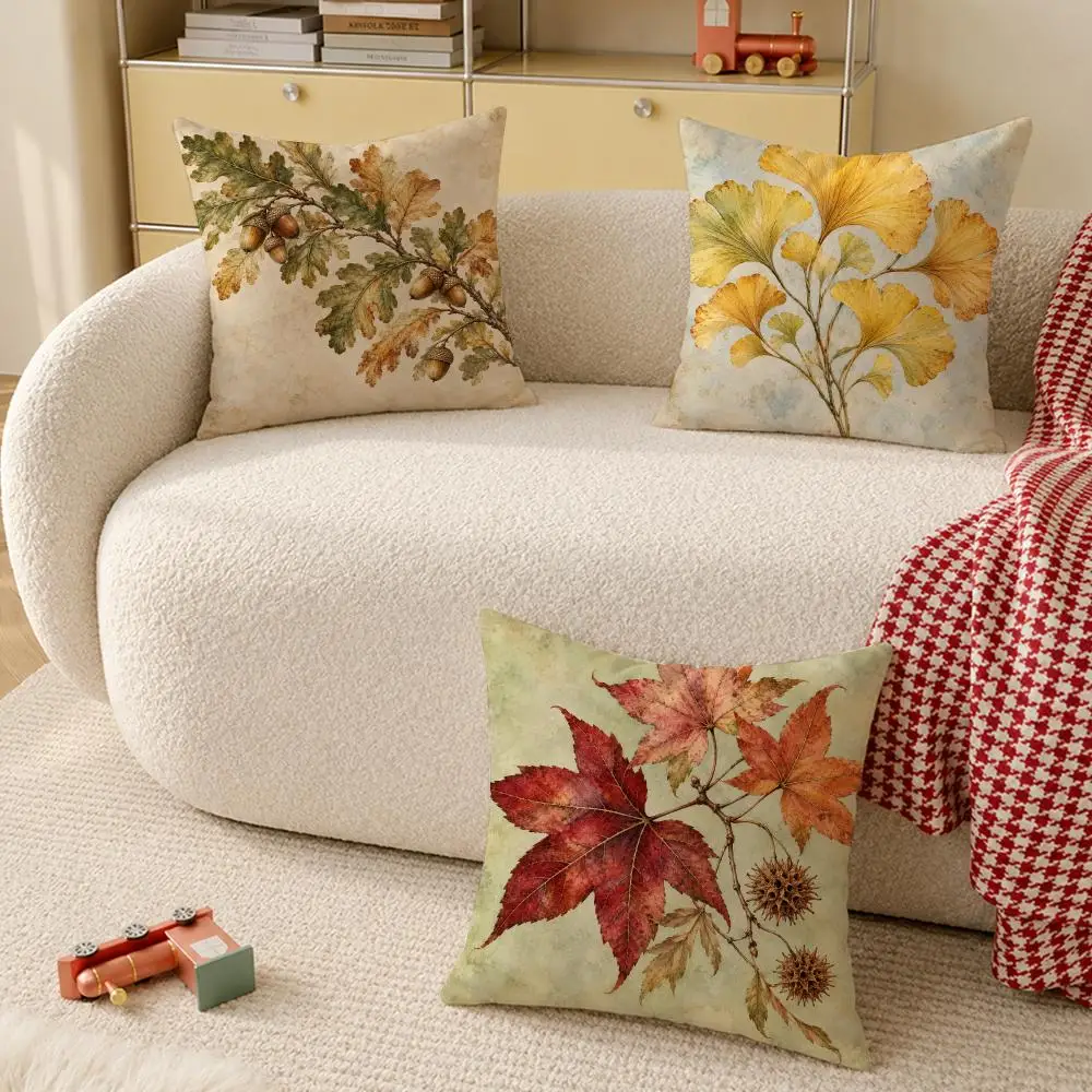 Vintage Autumn Leaves Cushion Cover Pillow Case Organic Short Plush Cushion Covers Washable Wrinkle-Resistant