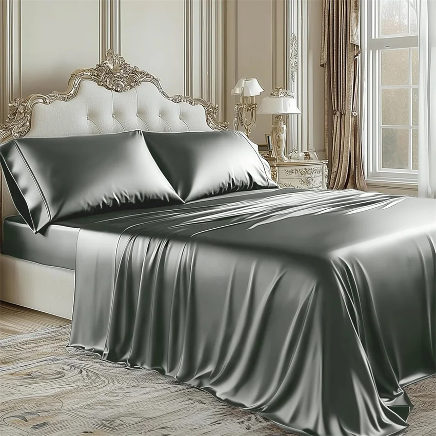 

Комплект постельного белья из шелкового шелка шелковицы с простыней с плоским верхом, наволочка, роскошный комплект постельного белья из 100% шелка, двойной полный размер King Queen Size