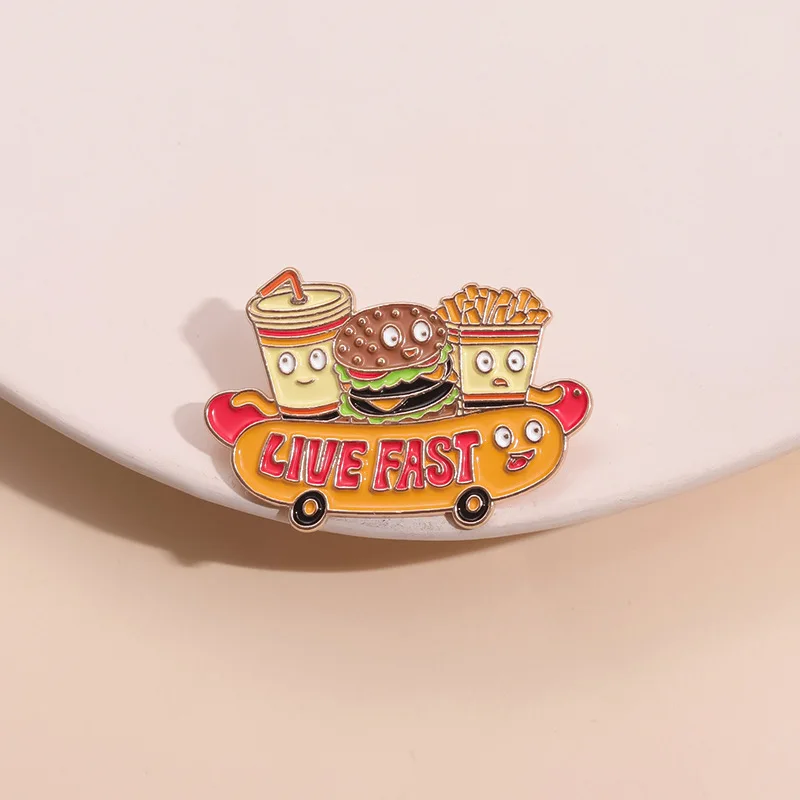 Live Fast Enamel Pin Custom Cute Hot Dogs French Fries Hamburgers And Cola Brooches Lapel Badges Jewelry Gift For Kid Friend