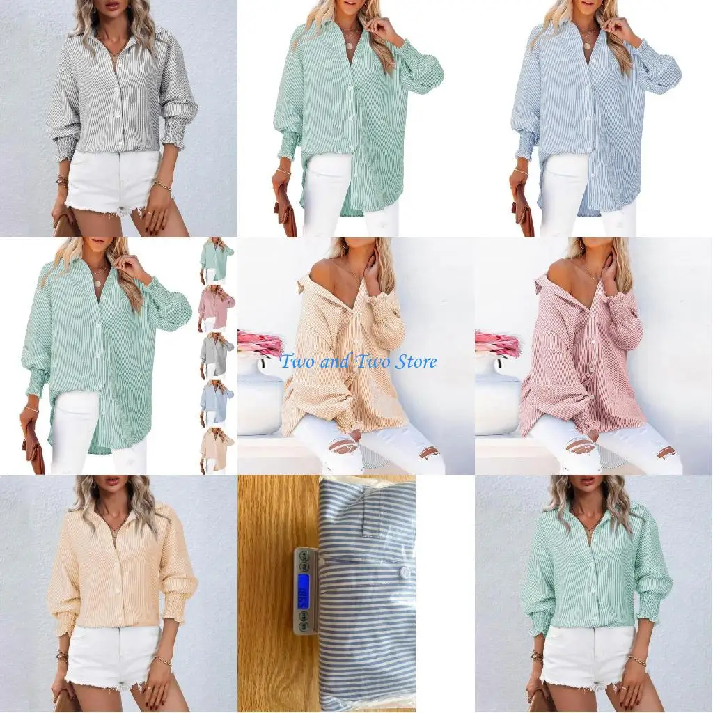 

HX6F Women's Ruffle Cuff Striped Boyfriend Shirt Casual Collar Long Sleeve Oversized Button Shirt Top
