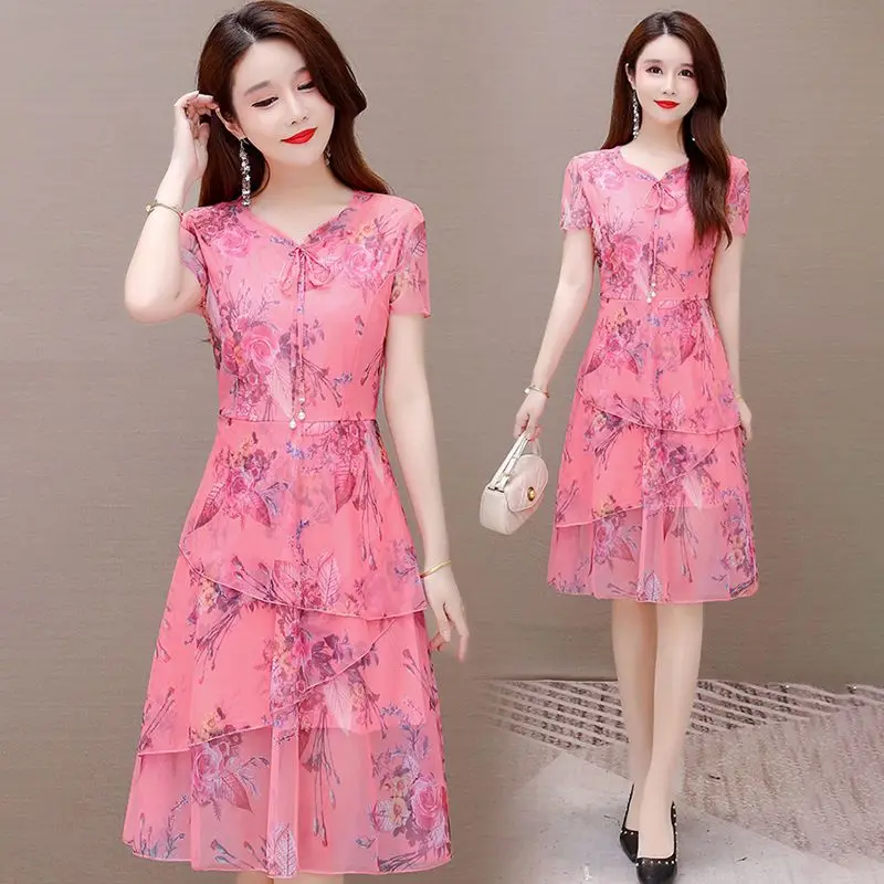 

2024 New Women's Cheap Summer Chiffon Printed V-neck Dress Short Sleeved High Waist Slim Fit Fashion Casual Dress L312