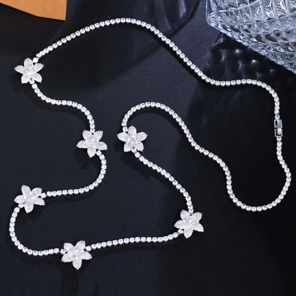 CWWZircons Chic Round Gorgeous Cubic Zirconia Flower Link Long Sweater Tennis Necklace for Women Bridal Party Accessories CP119