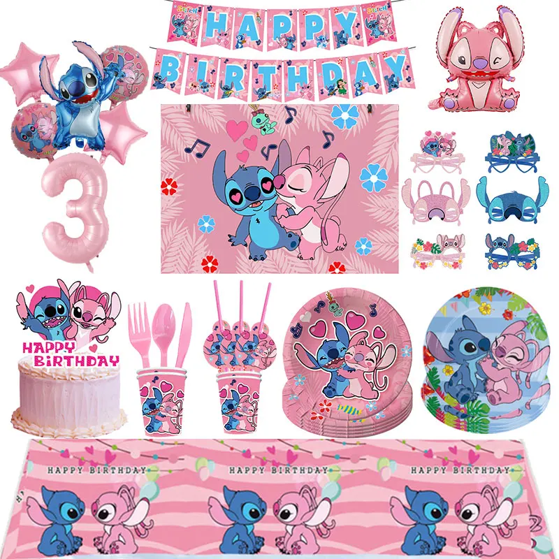 Disney Stitch Birthday Party Decorations Tableware Set Tablecloth Stitch Keychain Pink Balloons Party Favors For Kids Birthday