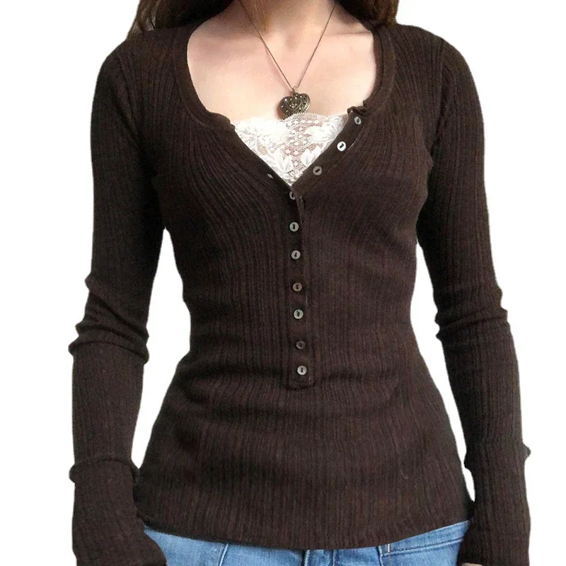 

T Shirt Women Grunge Aesthetic Clothes Lace Patchwork V Neck Long Sleeve Tops Vintage Streetwear
