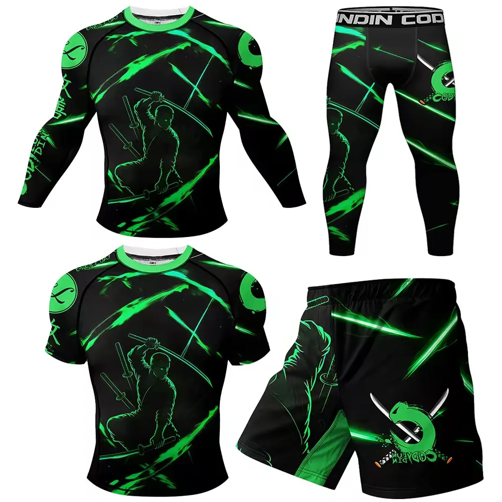 BJJ Rash Guards MMA T-shirt+Pant Set Men Grappling Jiu Jitsu Rashguard No Gi Fightwear Muay Thai Shorts Boxing Compression Shirt