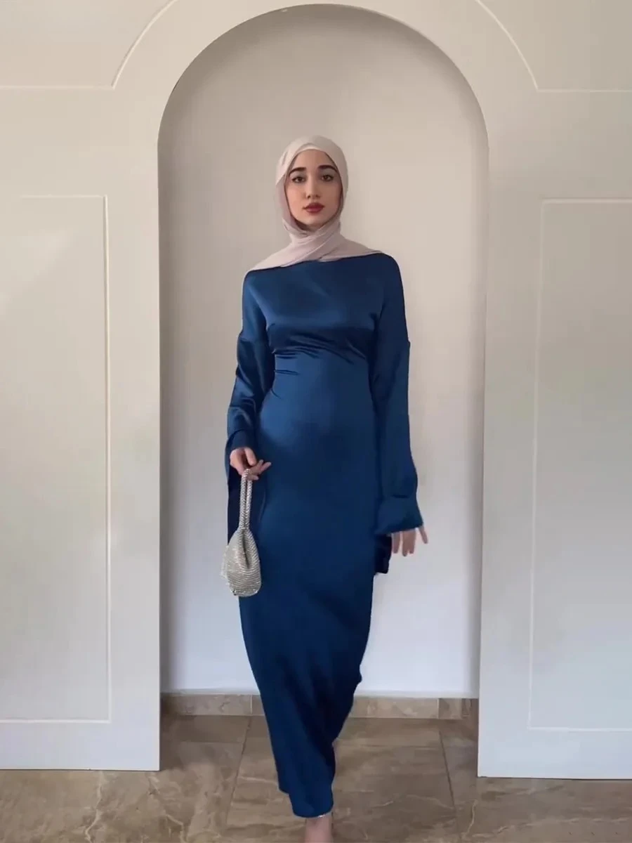 2025 봄 신상 여성 슬림 새틴 맥시 드레스 패션 플레어 슬리브 우아한 파티 드레스 이드 무슬림 단정한 아바야 이슬람 의류